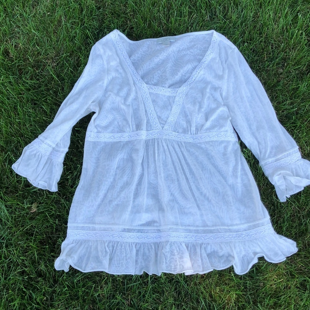 LOFT Petites White Boho Lace Trim Peasant Top Size LP Lightweight Blouse